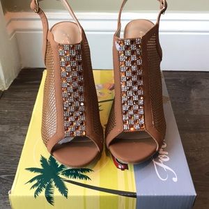 Jasleen Tan Peep Toe Mesh Heels